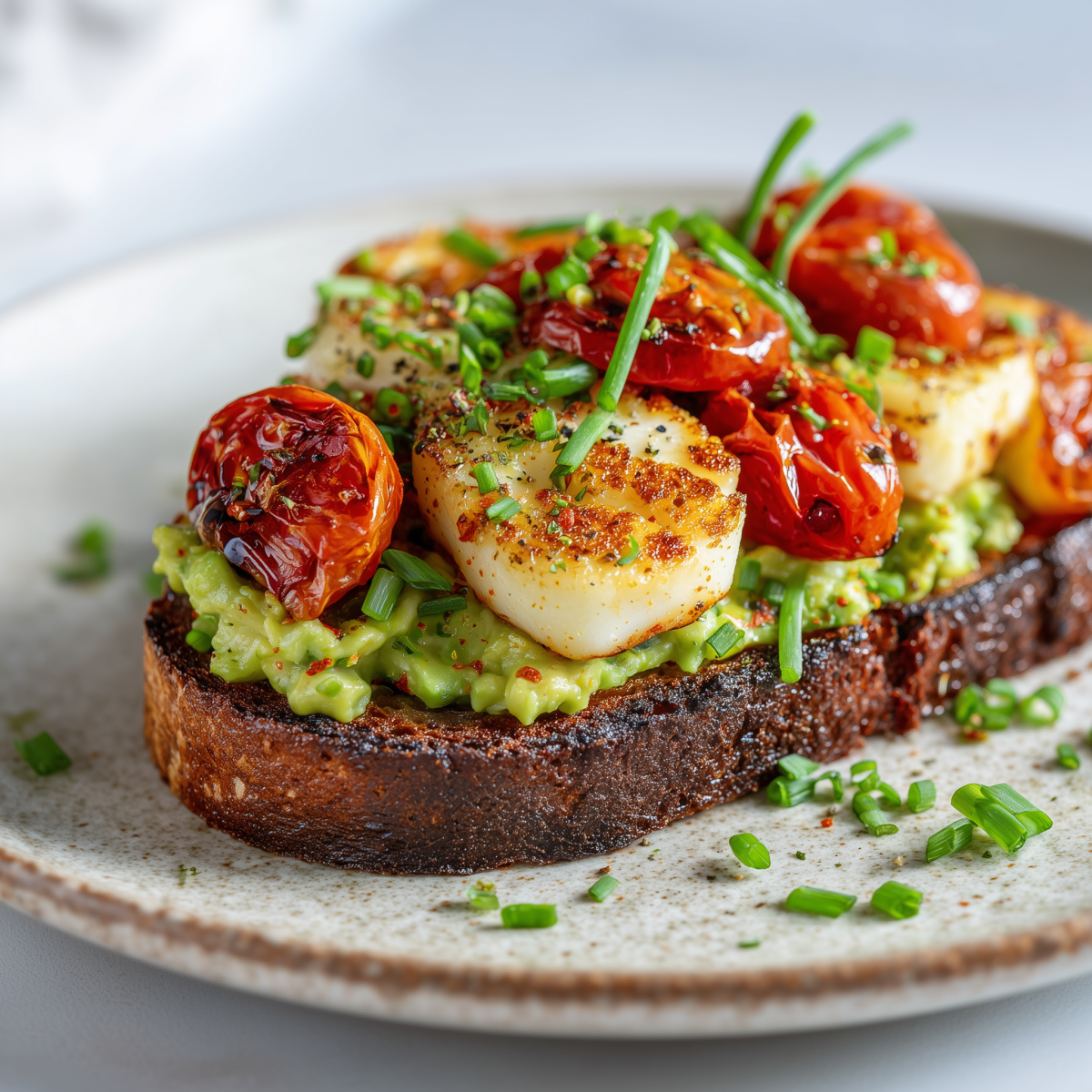 Toast mit Avocado, gerösteten Cherrytomaten, Halloumi und Schnittlauch