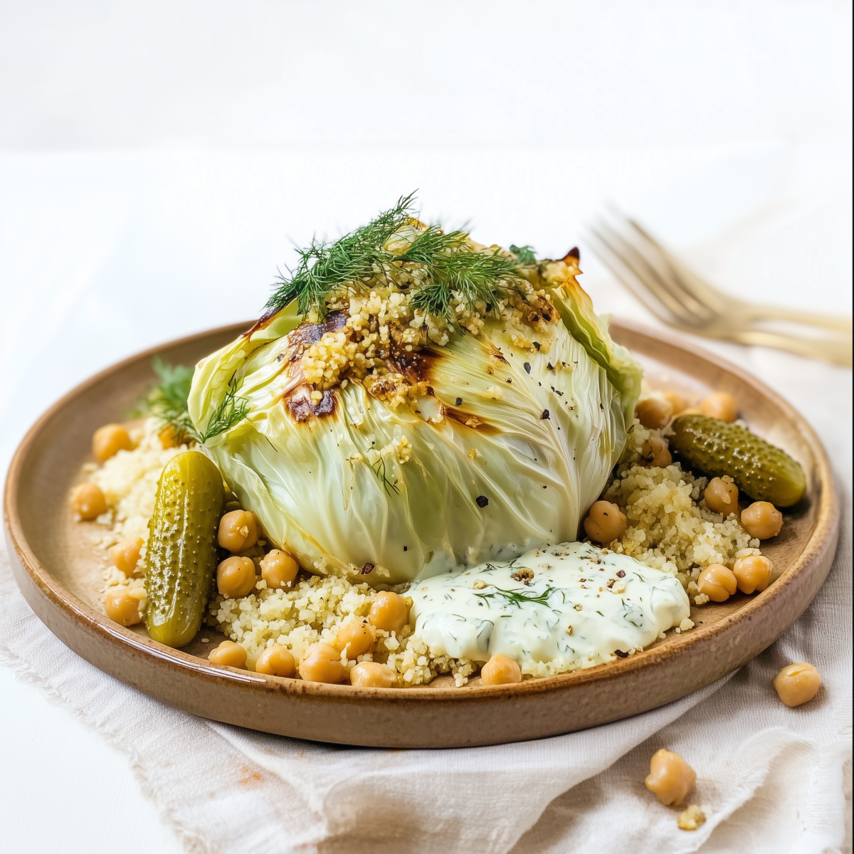 Gerösteter Kohl mit Essiggurken und Dill-Dip