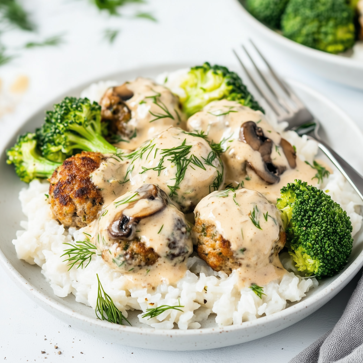 Rice with Meatballs, Vegan Creamy Mushroom Sauce, and Broccoli