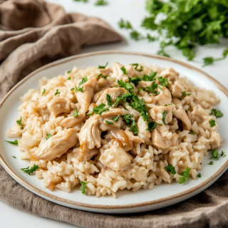 Brauner Reis in (nicht) cremiger Sauce mit Pilzen und Hähnchen