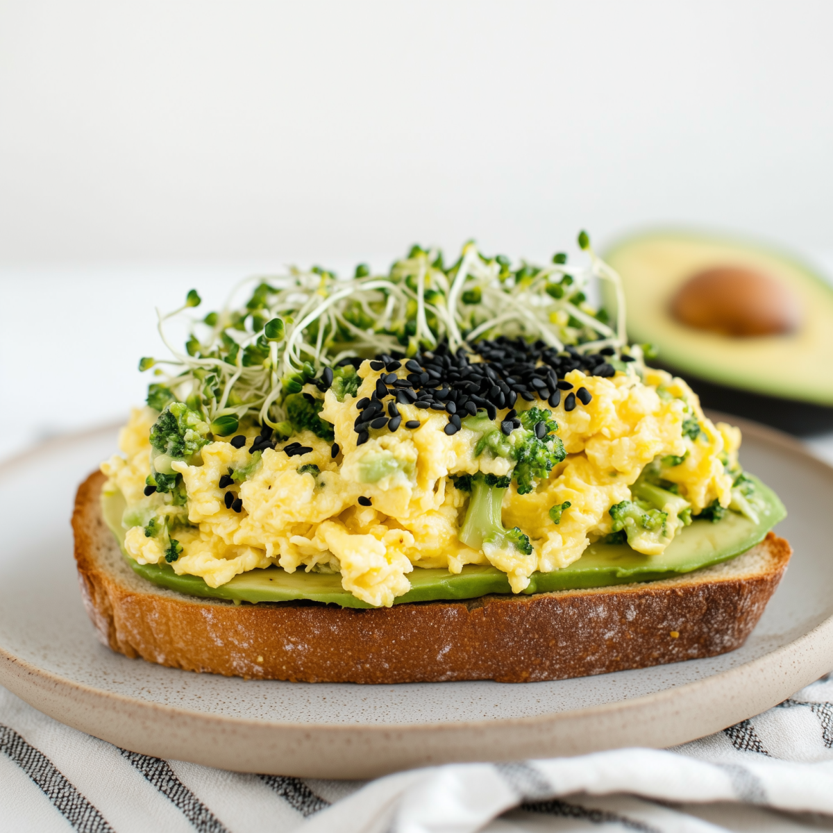 Sandwich à l'Avocat, Œufs Brouillés, Sésame Noir et Pousses de Brocoli