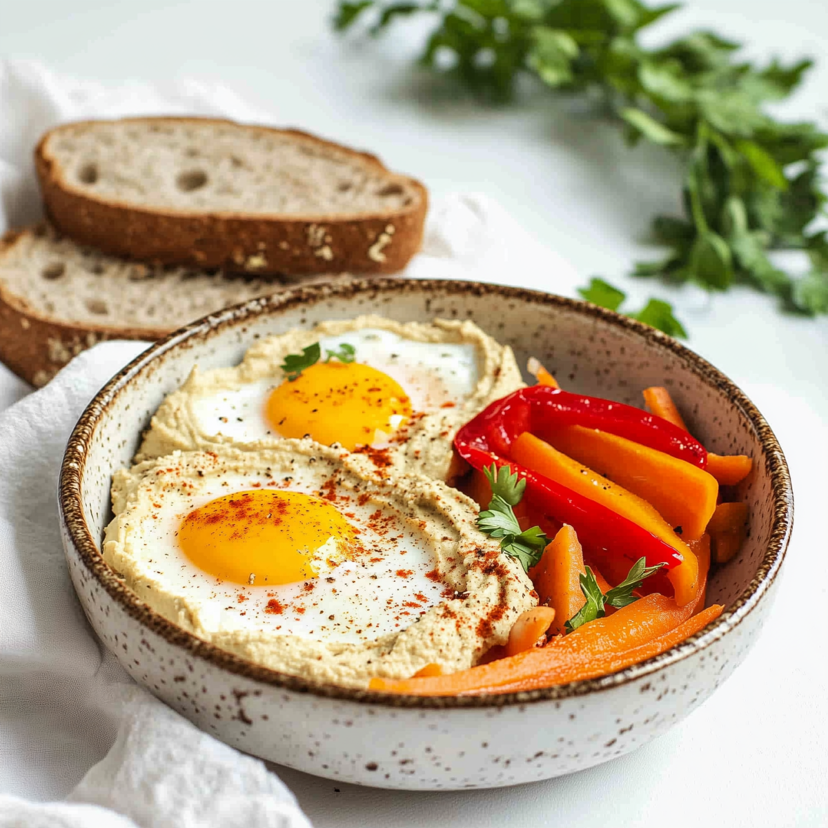 Fried Eggs with Carrot, Bell Pepper, Hummus, and Bread
