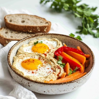 Uova Fritte con Carote, Peperone, Hummus e Pane