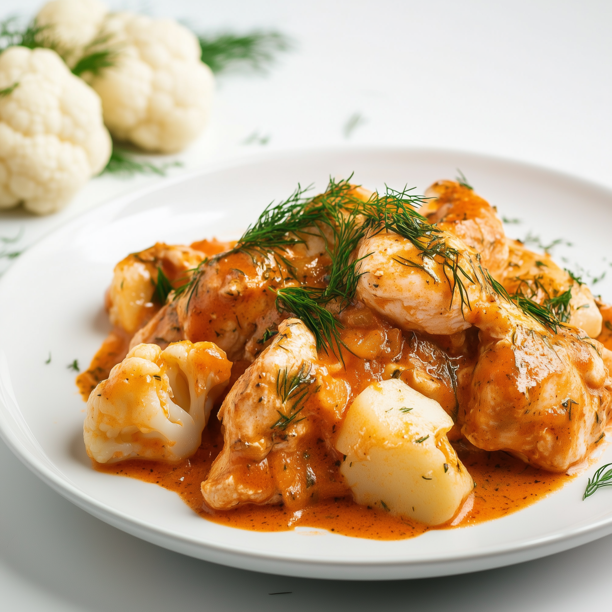 Hähnchen in Tomaten-Dill-Sauce mit Kartoffeln und Blumenkohl
