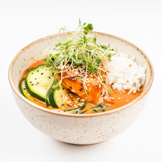 Rotes Curry mit Lachs und Reis