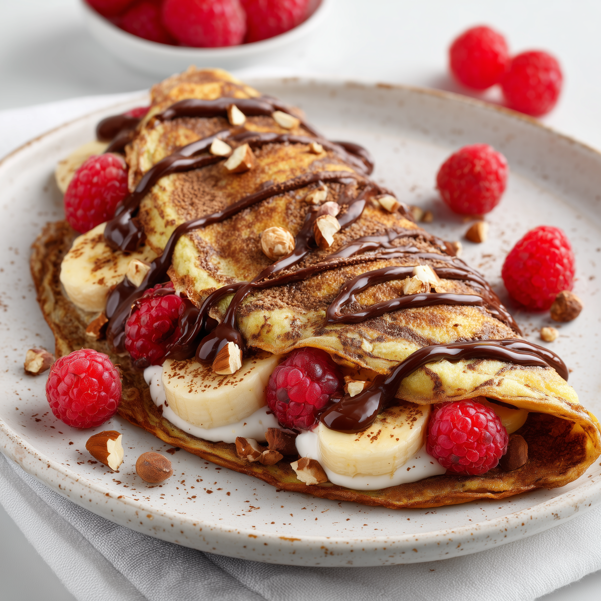 Luftiges Schokoladenomelett mit Skyr, Früchten und Haselnüssen