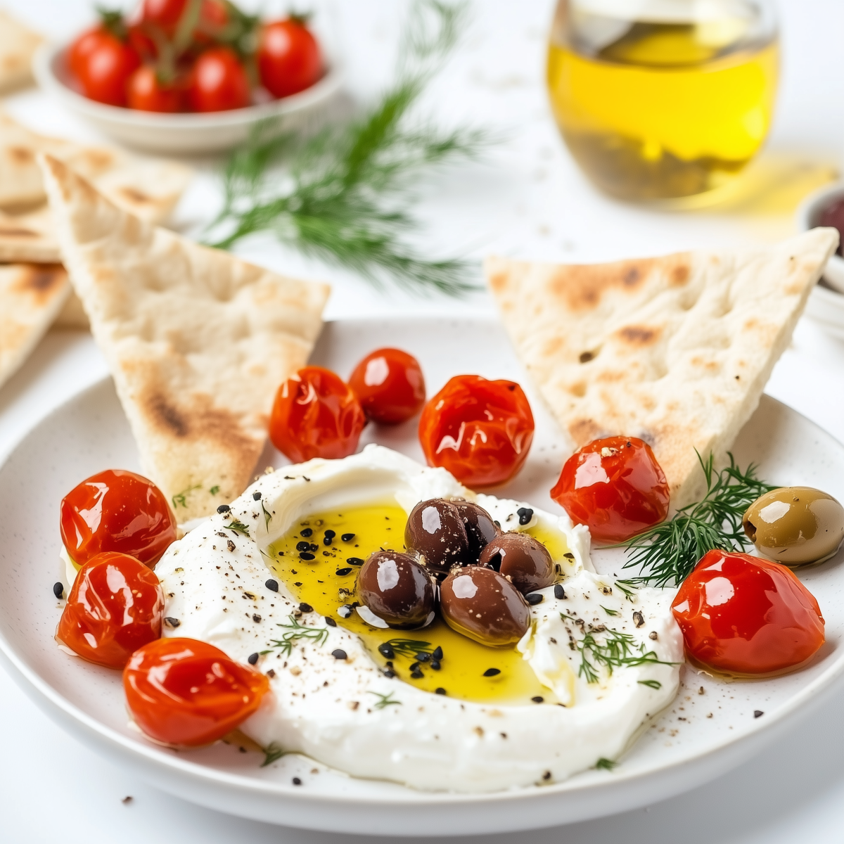 Labneh mit Oliven, Kirschtomaten, Schwarzkümmelsamen und Leinöl