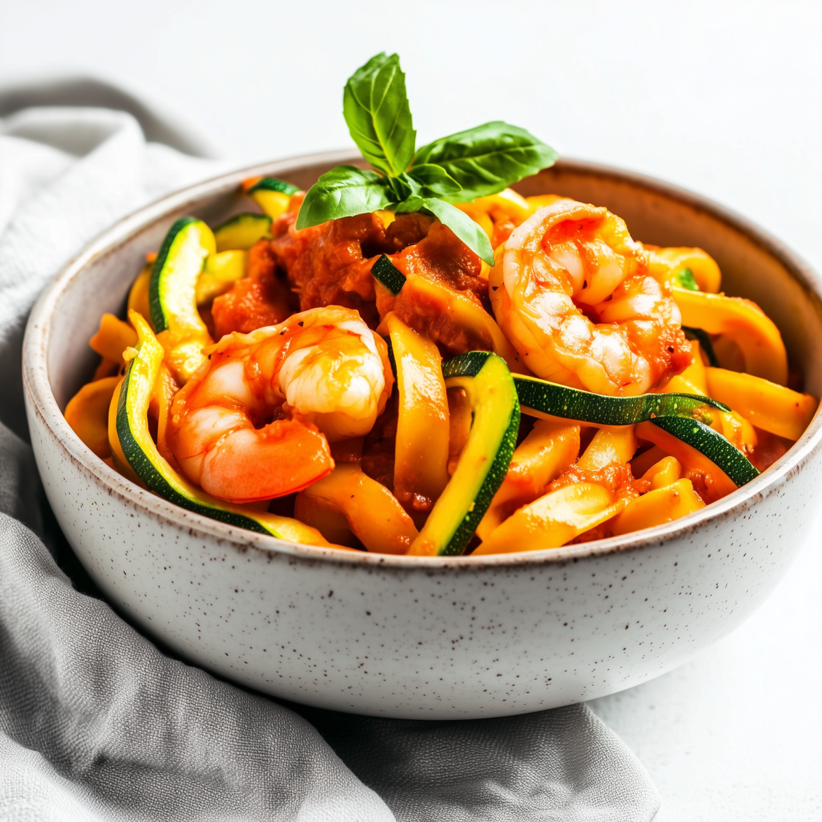 Pasta mit Garnelen in einer gerösteten Paprika-Erdnussbutter-Sauce