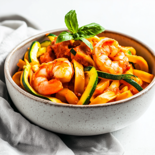 Pasta mit Garnelen in einer gerösteten Paprika-Erdnussbutter-Sauce