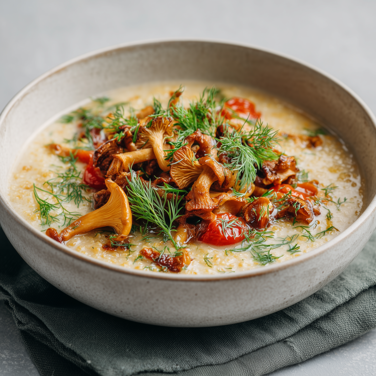 Zuppa di miglio con finferli e pomodori