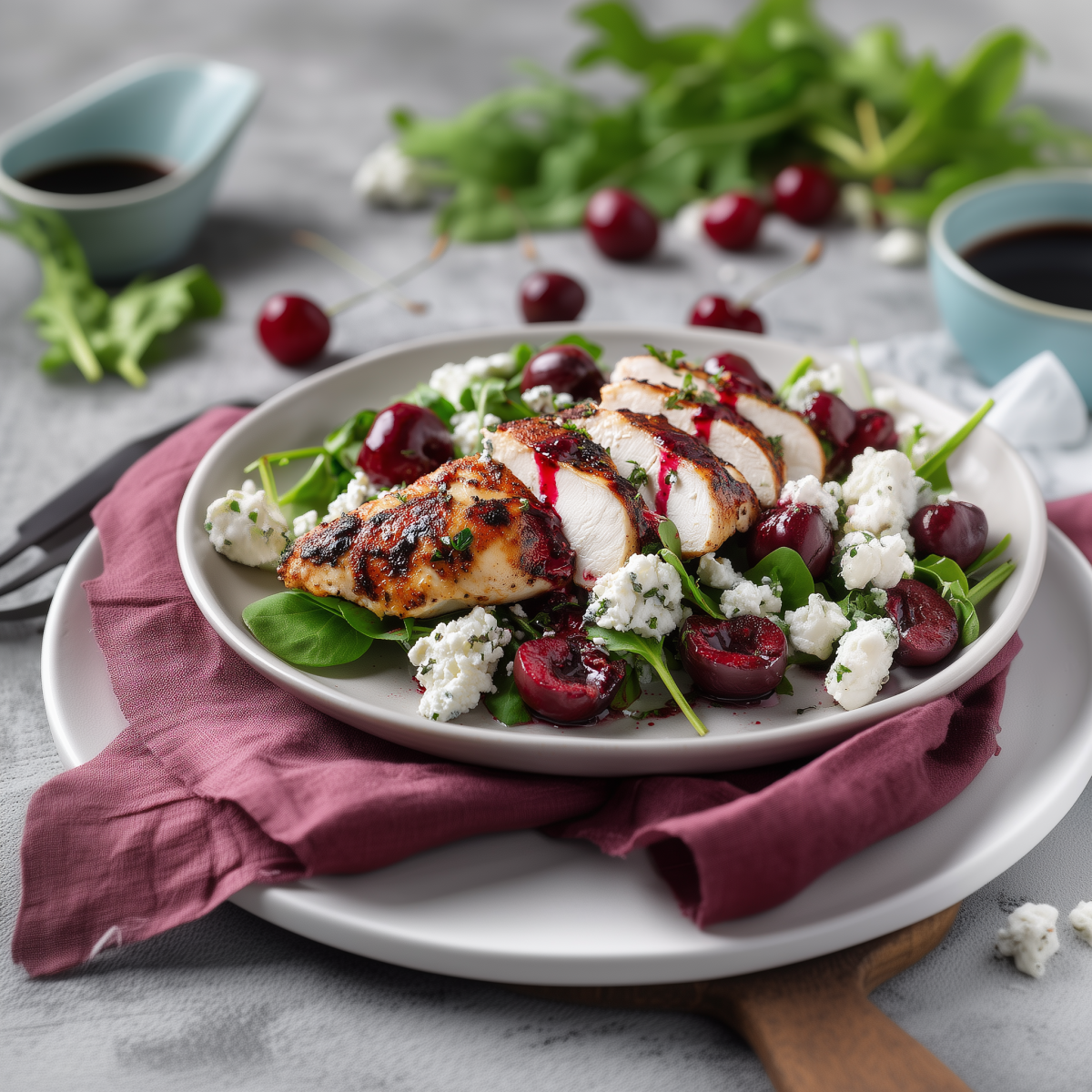 Blanc de poulet grillé avec salade à la ricotta et aux cerises