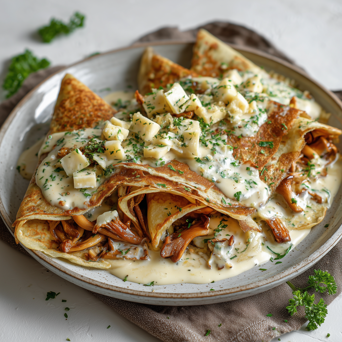 Dinkelpfannkuchen mit Pfifferlingen und Oscypek