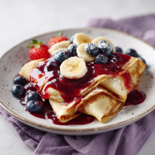 Vegane Pfannkuchen mit Erdbeersoße, Banane und Heidelbeeren