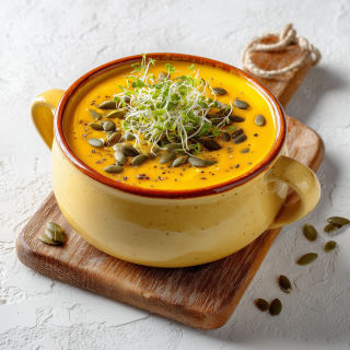 Vellutata di zucca arrosto, pera e radice di prezzemolo