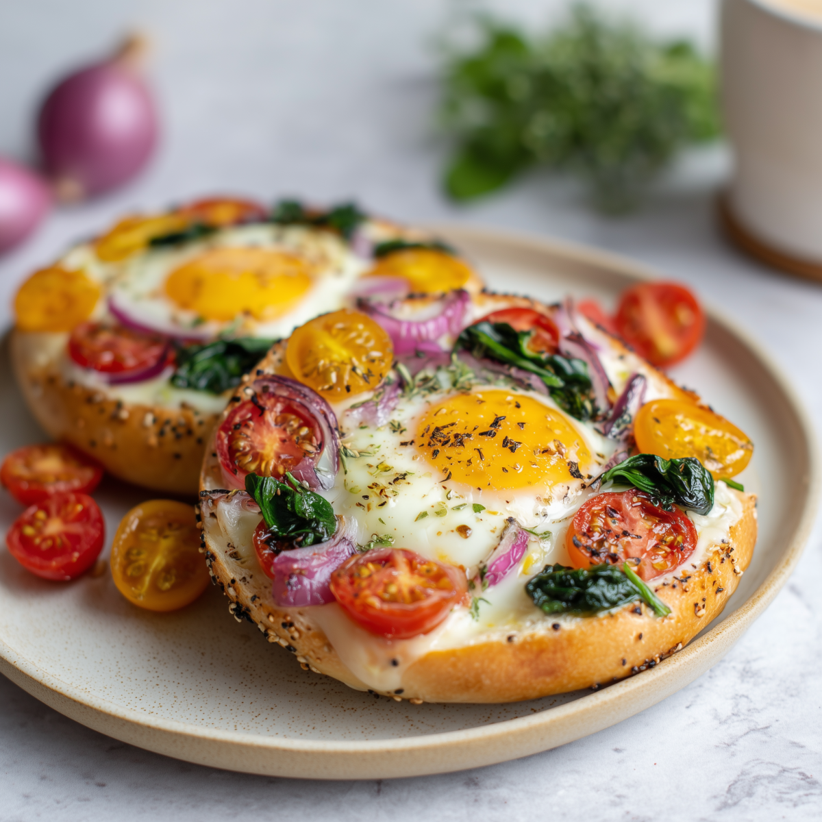 Bagel façon pizza aux œuf, tomates cerises et épinards