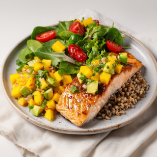 Saumon, salsa de mangue, avocat et salade