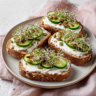 Sandwich à la Ricotta, Ciboulette, Concombre Mariné, Graines de Courge et Germes de Brocoli