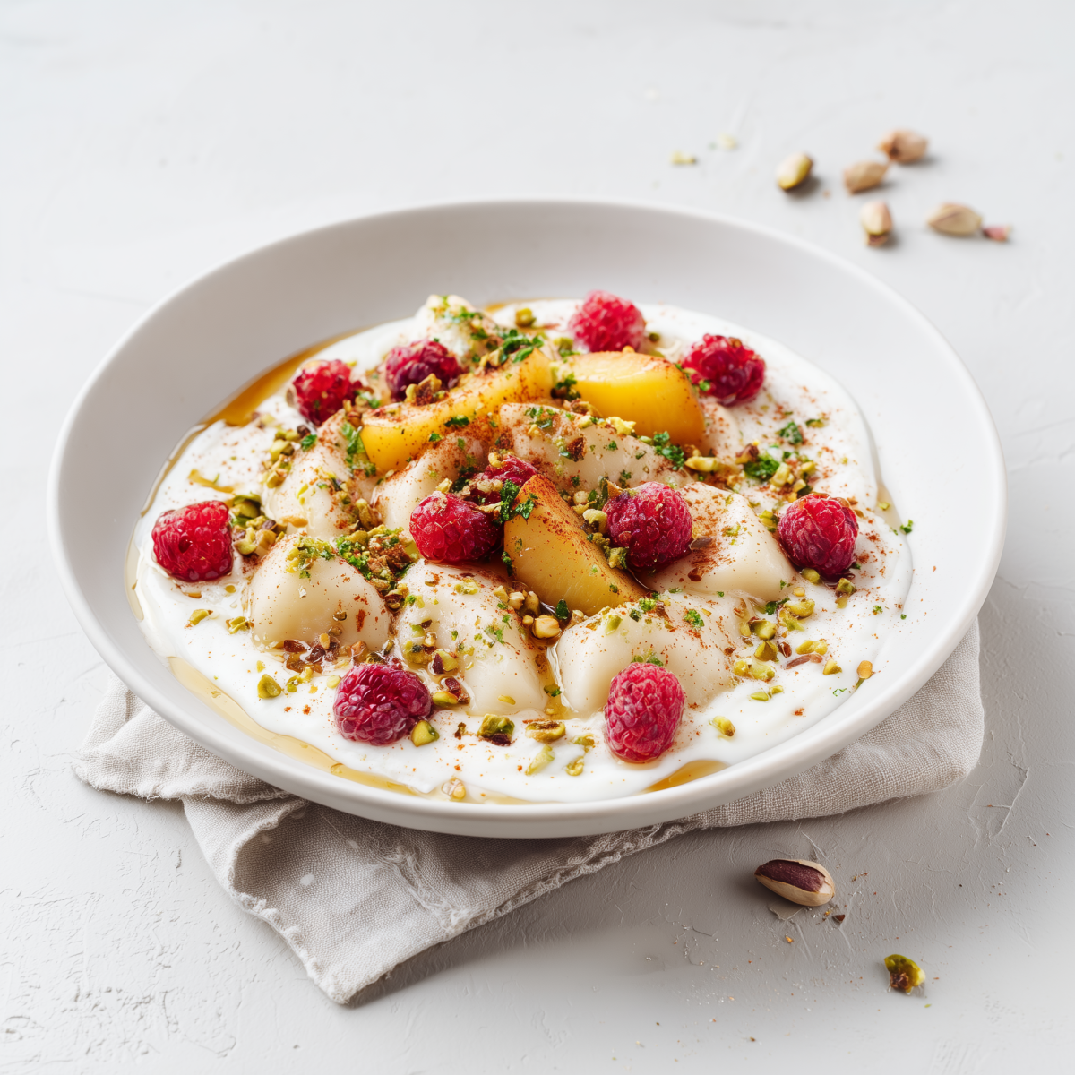 Protein dumplings with fruit, skyr and pistachios