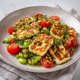 Broad bean salad with cherry tomatoes and grilled halloumi