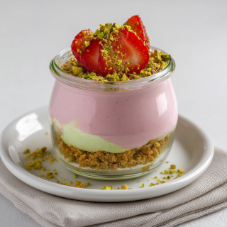 Dessert au Skyr aux Fraises et à la Crème de Pistache dans un Pot