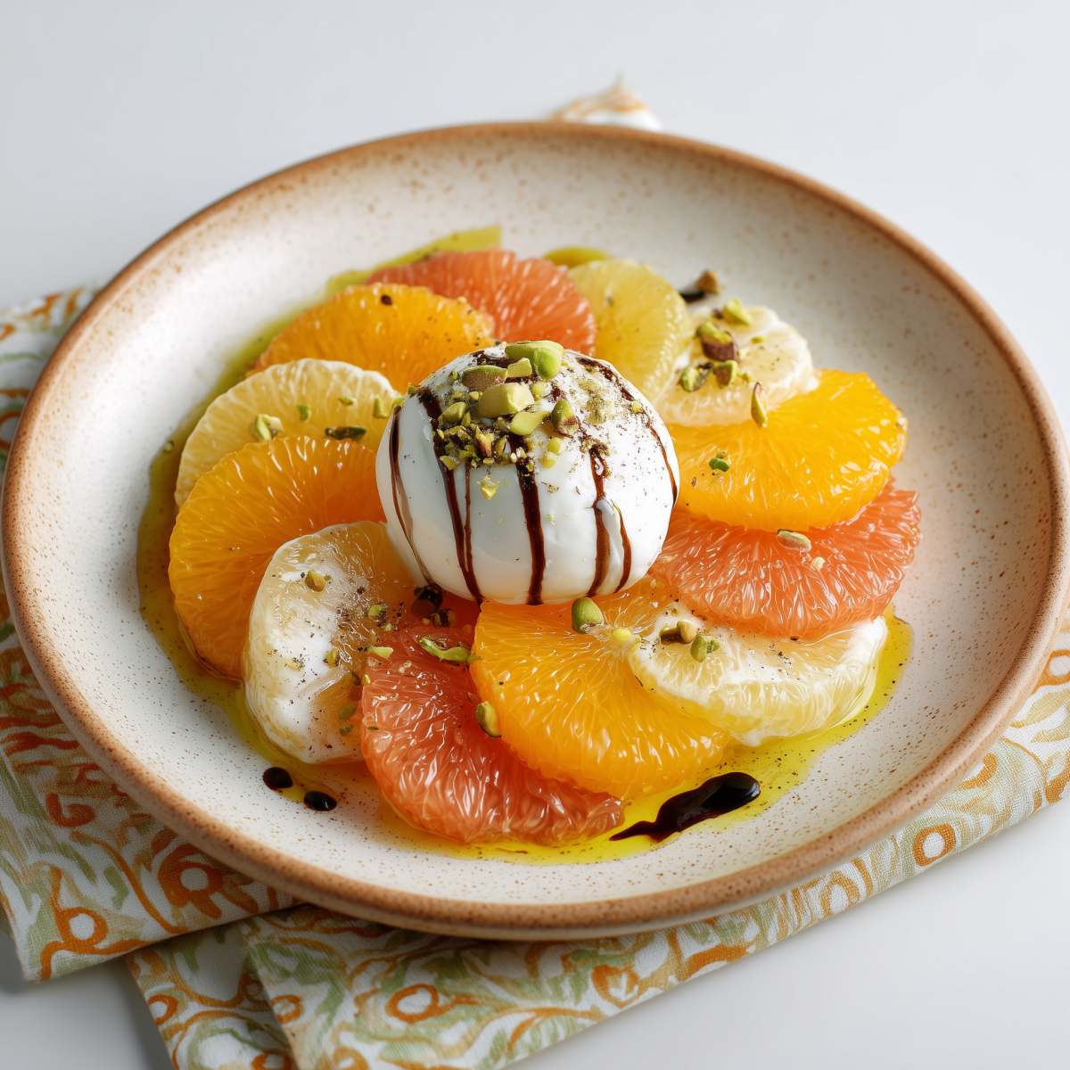Agrumes, Burrata et Pistaches
