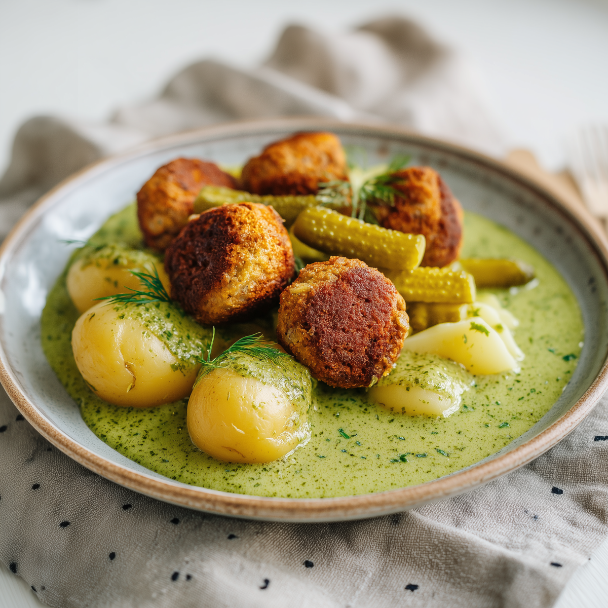 Boulettes de Tofu, Sauce au Pesto, Pommes de Terre et Cornichon