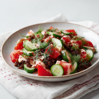 Quick and easy salad with beef, cucumber and tomato