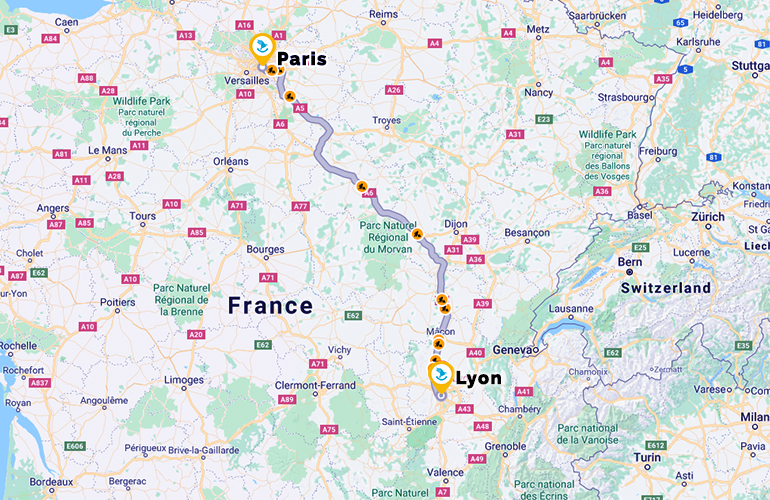 road trip map paris to lyon