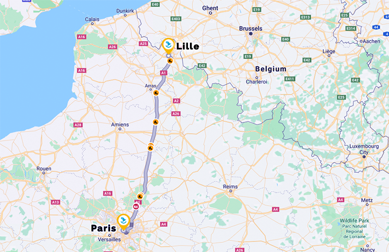 carte road trip Paris à Lille