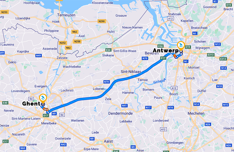 carte road trip Gand à Anvers