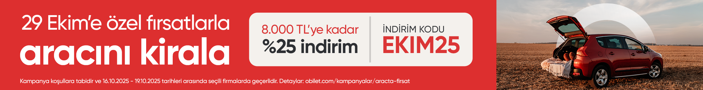 Obilet’ten Araç Kiralamada 29 Ekim’e Özel Fırsat!