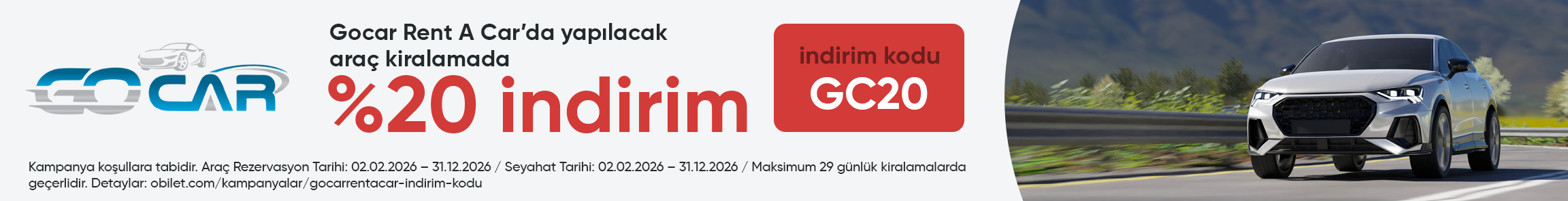 GOCAR RENT A CAR Firmasından Seçeceğiniz Araçlarda %20 İndirim Kodu