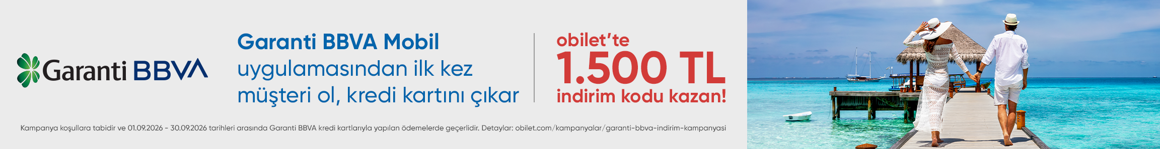 Garanti BBVA Mobil’den ilk kez Garanti BBVA müşterisi Ol Obilet Mobil’de seçili ürünlerde 1500 TL indirim kazanı!