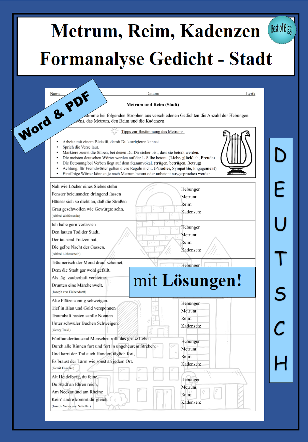 Formanalyse Gedicht Übungen zu Metrum und Reim Teil 2 - als PDF & Word ...