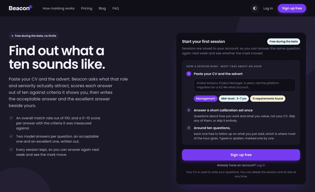 The same Beacon homepage rendered in dark mode