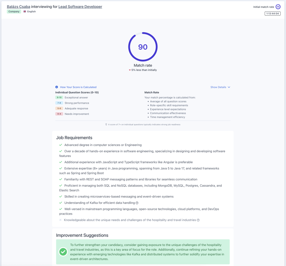 Beacon platform dashboard showing interview practice session with detailed feedback metrics