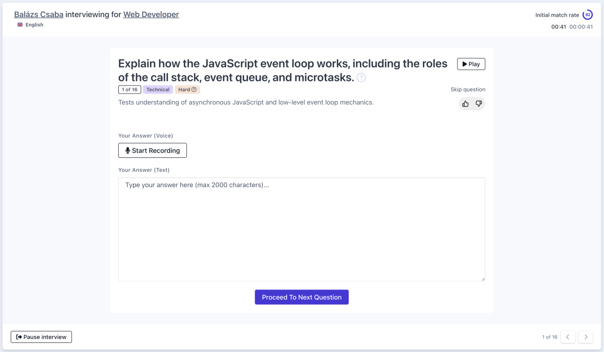 In progress interview UI