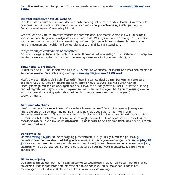 Procedure verkoop Zonnebeekweide Procedure verkoop Zonnebeekweide