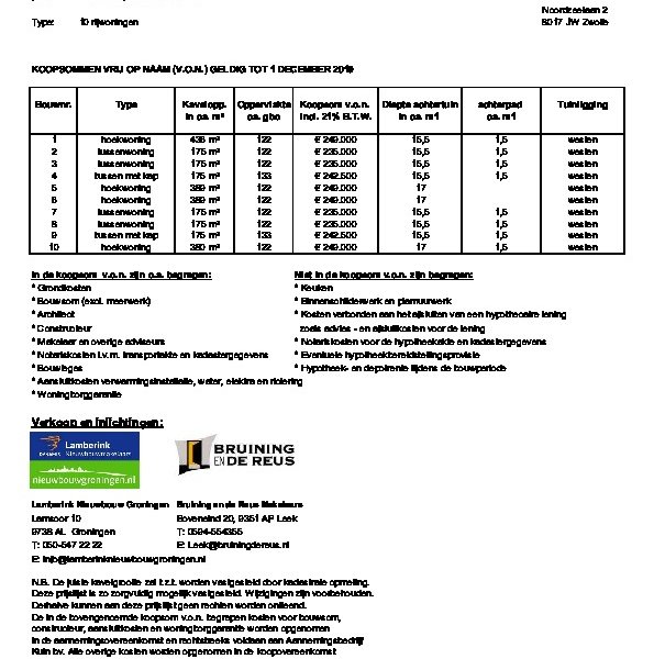 Prijslijst 10 rijwoningen fase 4-1 Prijslijst 10 rijwoningen fase 4-1