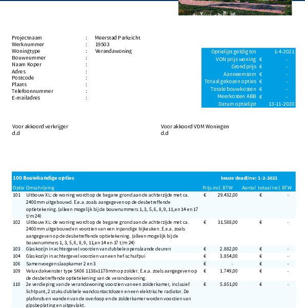 Optielijst verandawoningen Optielijst verandawoningen