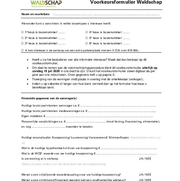 Voorkeursformulier Waldschap Voorkeursformulier Waldschap