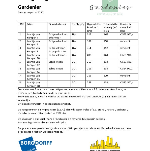 Prijslijst Gardenier Prijslijst Gardenier