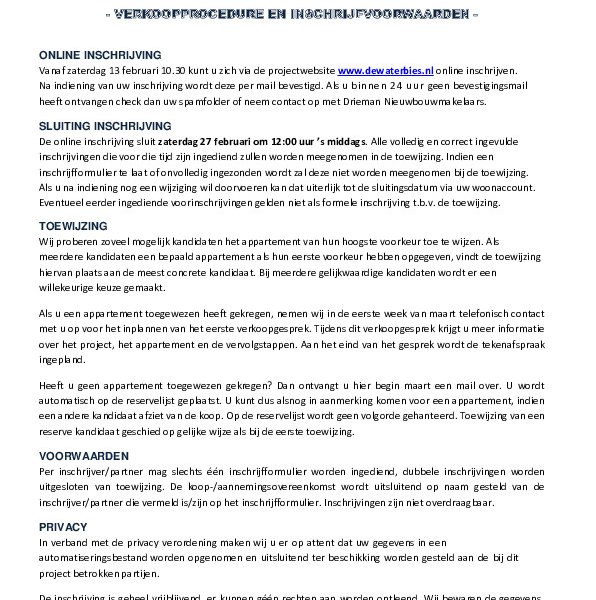 Verkoopprocedure en inschrijfvoorwaarden de Waterbies Verkoopprocedure en inschrijfvoorwaarden de Waterbies