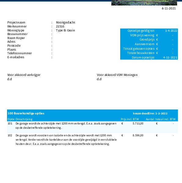Optielijst gezinswoning Optielijst gezinswoning