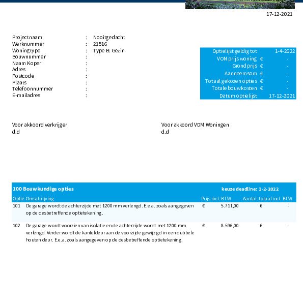 Optielijst gezinswoning Optielijst gezinswoning