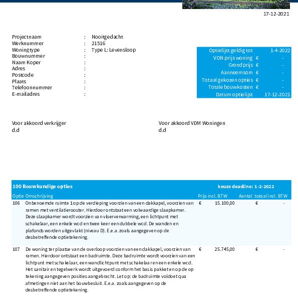 Optielijst levensloopwoning Optielijst levensloopwoning