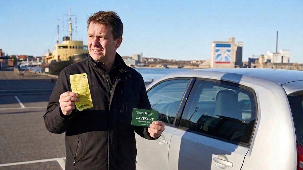 Man exchanging a yellow parking ticket for a ShopBetter24.co.uk gift card