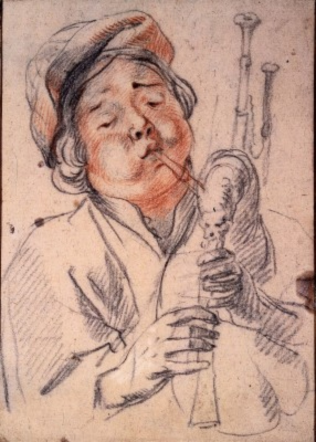 Jacob Jordaens, Bagpipe Player, ca. 1638, black and red chalk, heightened with white, loan: Stichting Museum Boijmans Van Beuningen (collection Koenigs) 1940