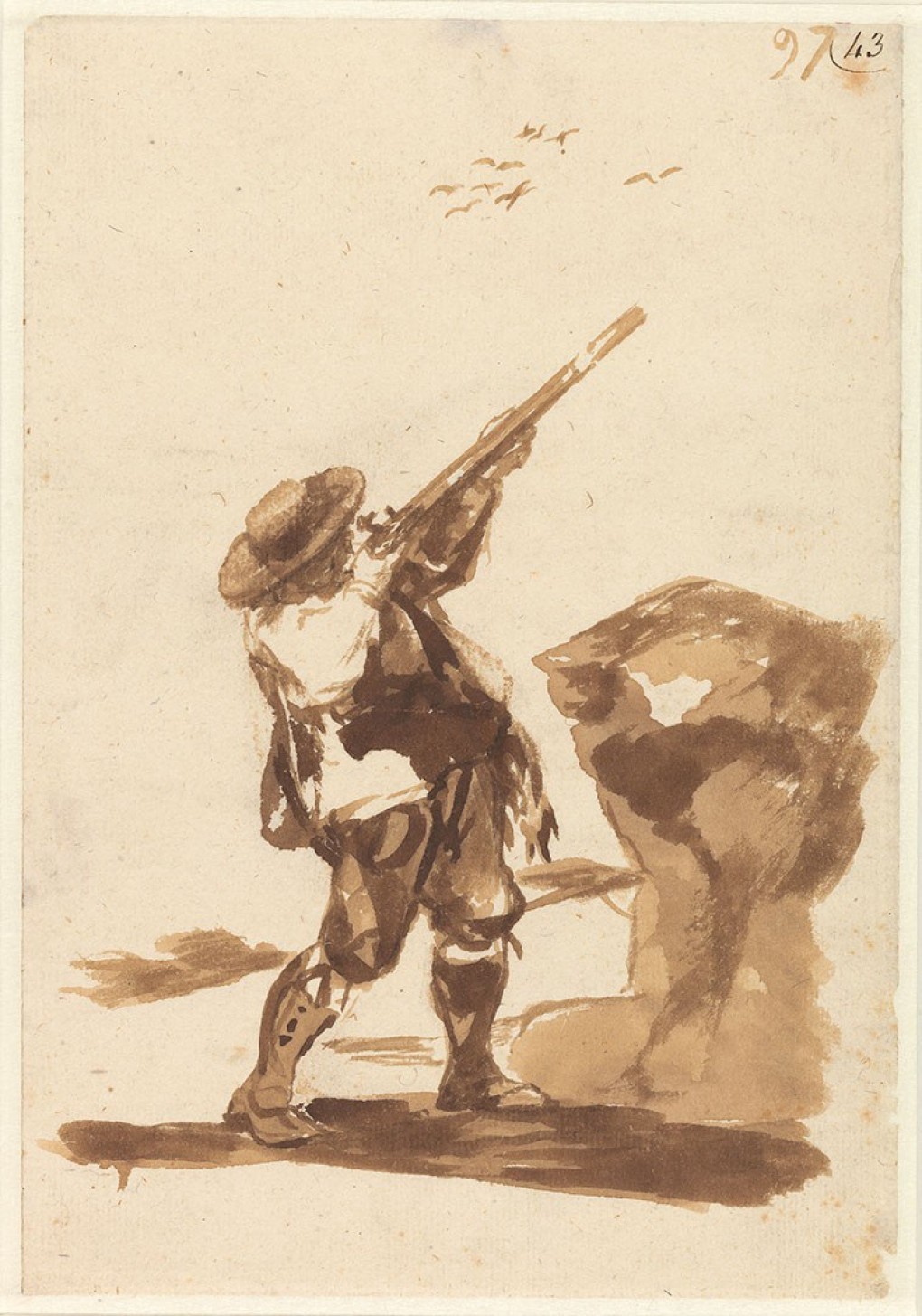 Francisco Goya, Hunter shooting at birds, circa 1808 - 1814, brush and brown ink, brown wash, loan: Stichting Museum Boijmans Van Beuningen 1940 (collection Koenigs)