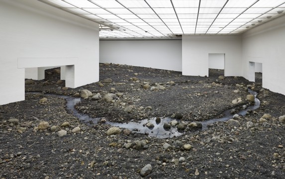 Riverbed, 2014. Water, blue basalt, wood, steel, foil, hose, pumps, cooling unit. Louisiana Museum of Modern Art, Humlebaek, Denmark, 2014 Photo: Anders Sune Berg.